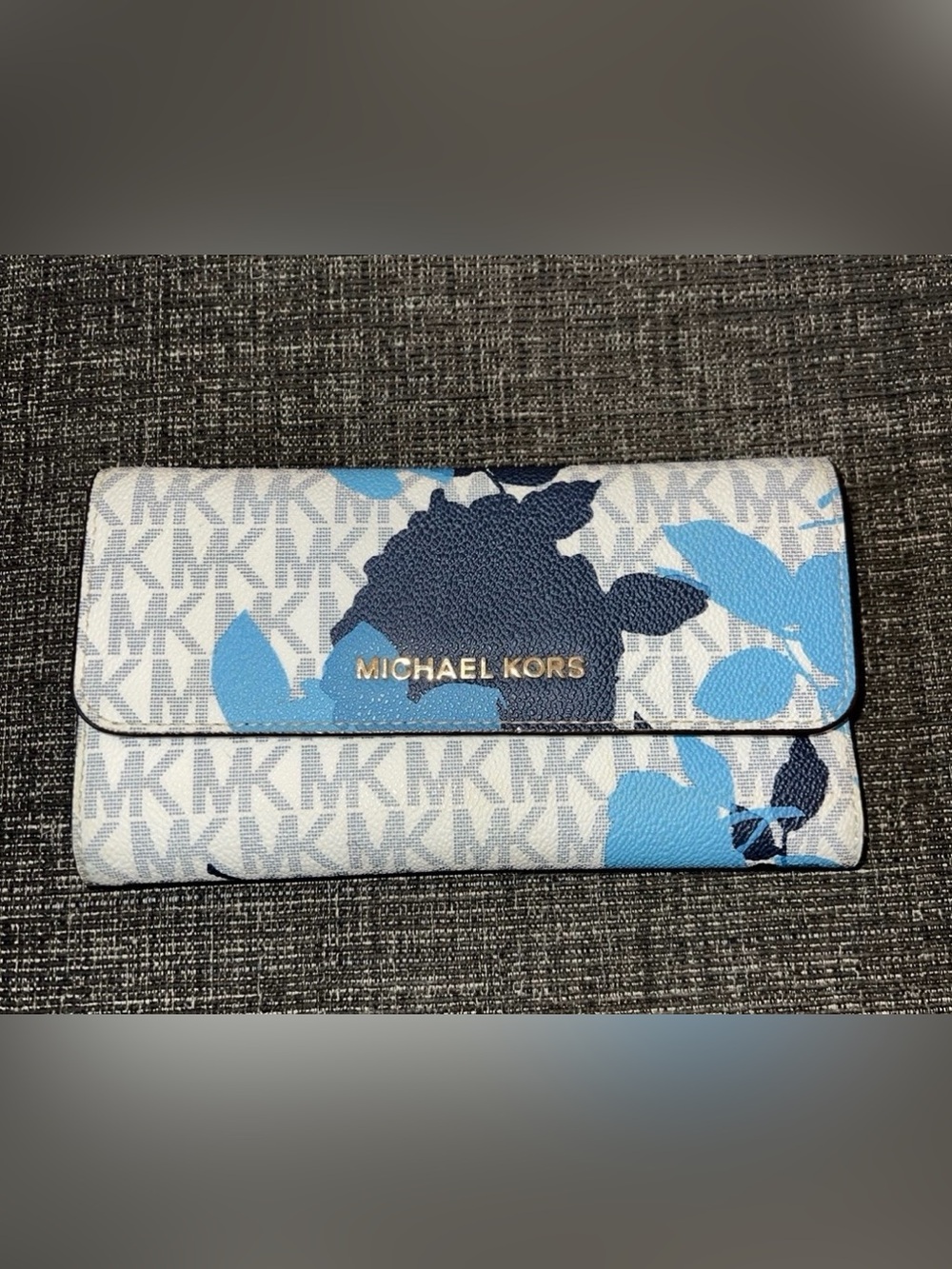 Michael Kors Jet Set Large Trifold Wallet Floral Print Blue Rare